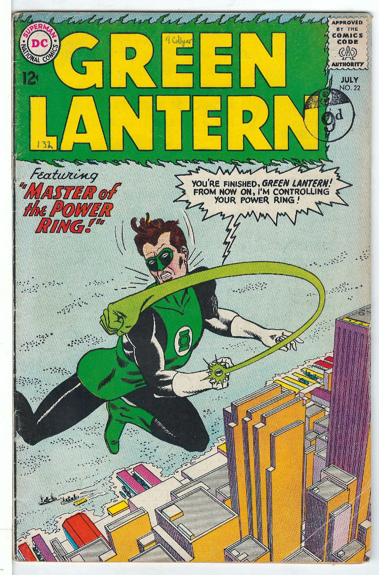 ACTUAL SCAN OF COMIC!<br>Pen on Cover - Stamp on Cover - See Scan Cover of Green Lantern (Vol 2) #22. One of 250,000 Vintage American Comics on sale from Krypton!