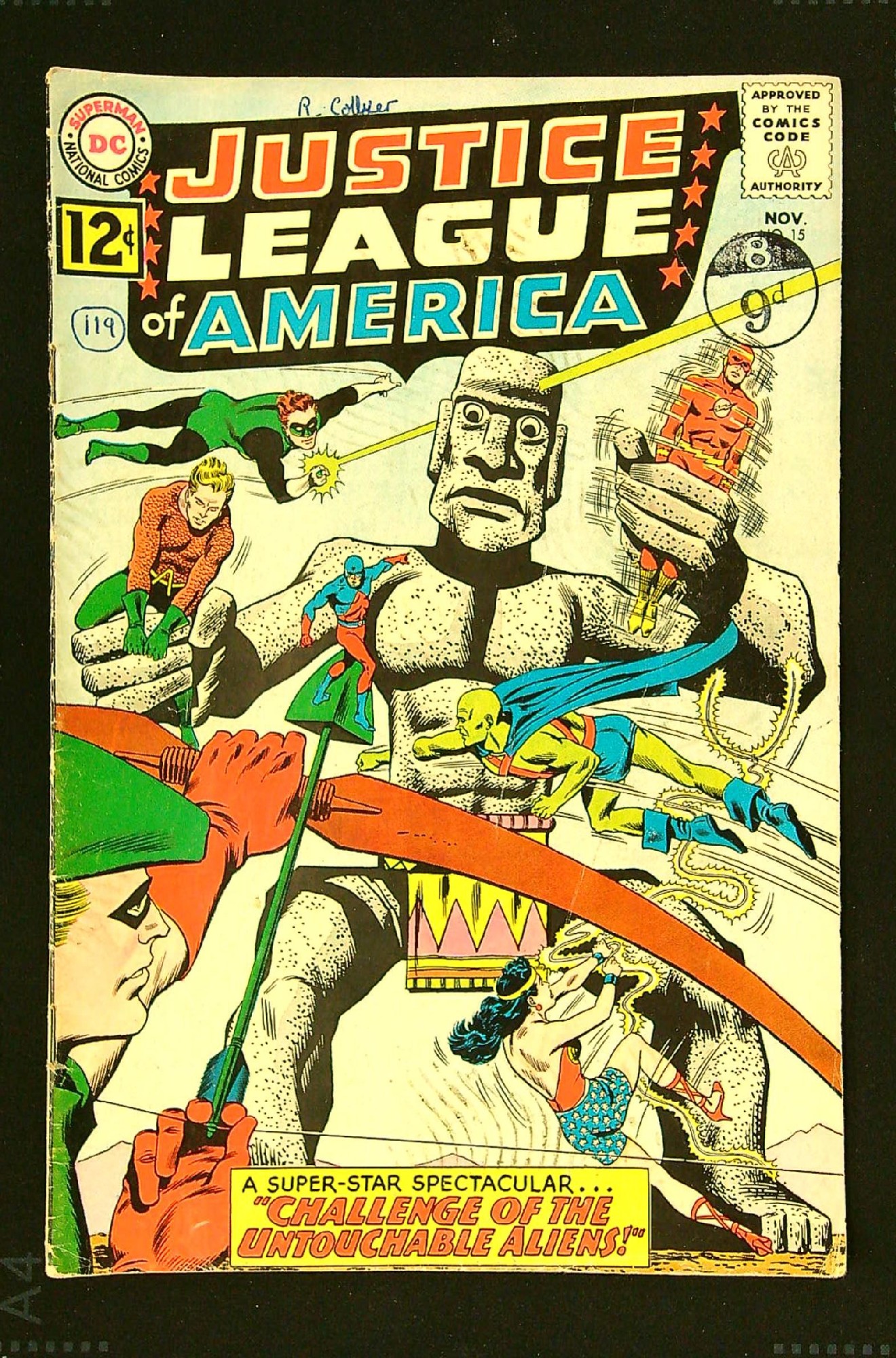 ACTUAL SCAN OF COMIC!<br>Distribution Stamp & Pen on Cover - See Scan Cover of Justice League of America (Vol 1) #15. One of 250,000 Vintage American Comics on sale from Krypton!