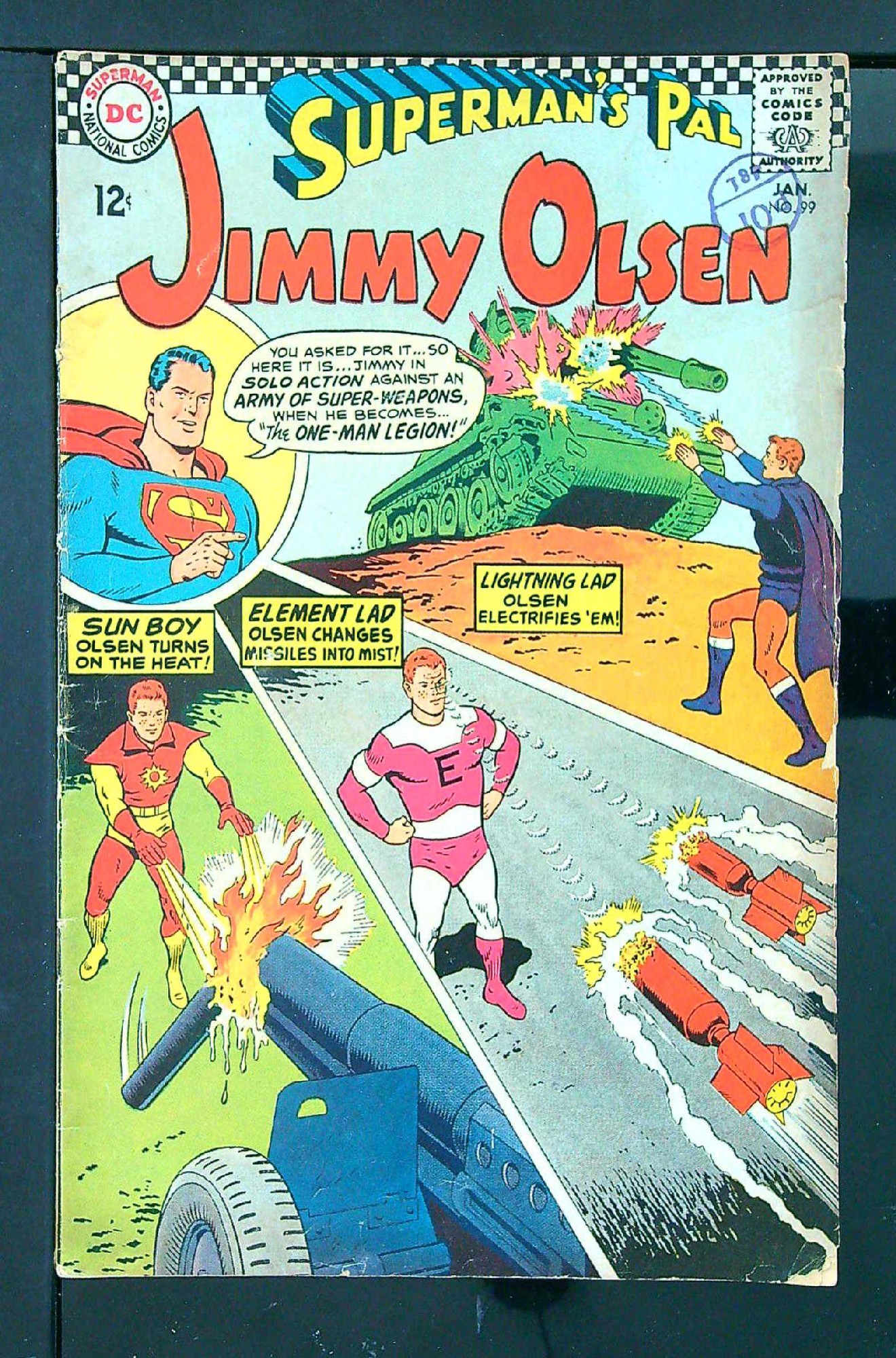 ACTUAL SCAN OF COMIC!<br>Distribution Stamp on Cover - See Scan Cover of Jimmy Olsen (Vol 1) Supermans Pal #99. One of 250,000 Vintage American Comics on sale from Krypton!