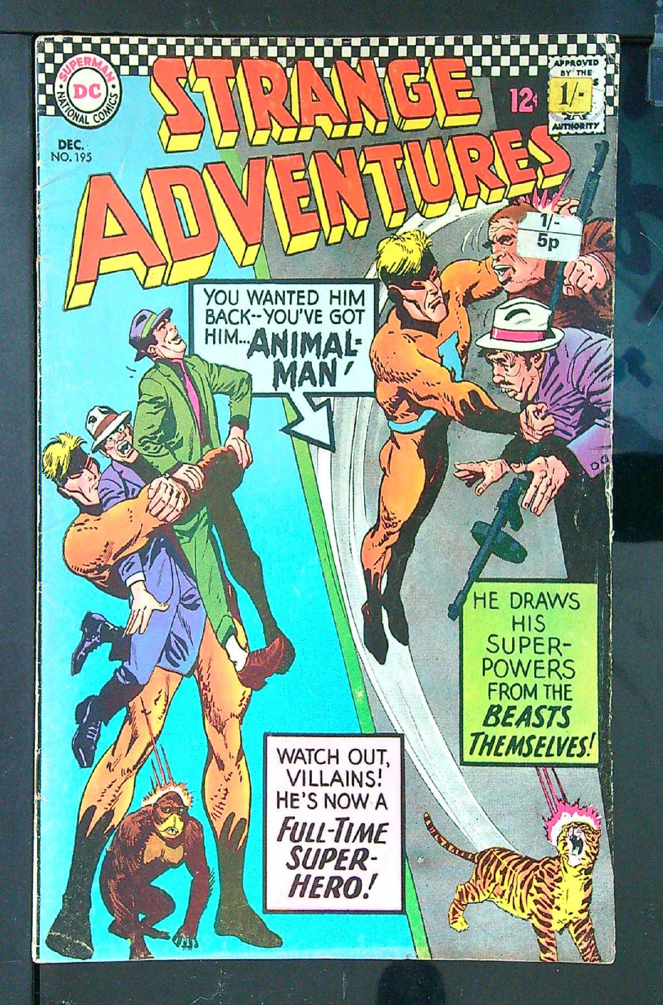 1st Full Animal Man<br>ACTUAL SCAN OF COMIC!<br>Distribution Stamp & Labels on Cover - See Scan Cover of Strange Adventures (Vol 1) #195. One of 250,000 Vintage American Comics on sale from Krypton!